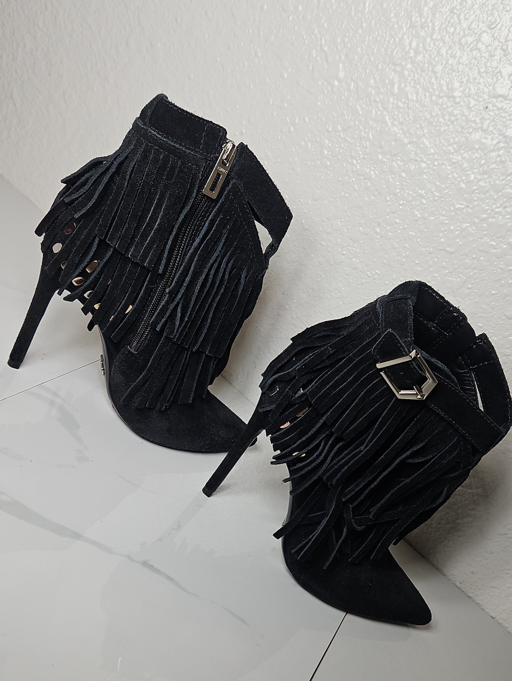 Schutz Callica Black Suede Fringe Stiletto Ankle Boots Size 9B